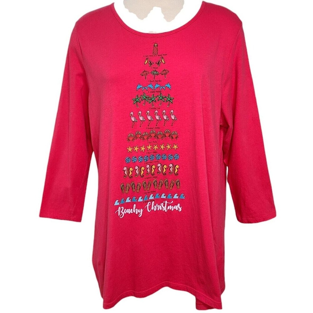 Women's Christmas Shirt Plus Sz 1X 12 Days Of BEACHY Hot Pink Scoop 3/4 Sleeve
